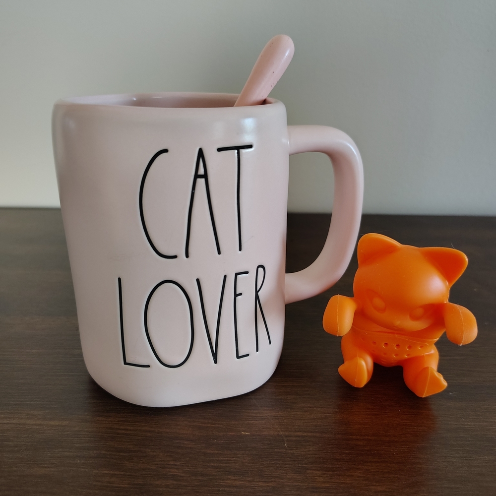 Rae Dunn Pink Cat Lover Mug with Orange Cat Tea Infuser and spoon